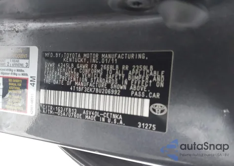 2011 Toyota Camry Le from USA, damaged, VIN 4T1BF3EK7BU206992